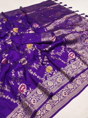 PANZORA Printed Banarasi Cotton Silk Saree(Purple)