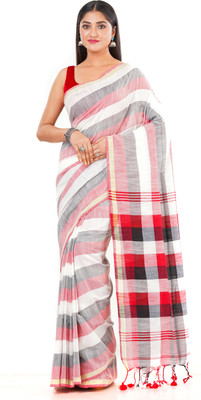 SAYAN CREATION Self Design Handloom Handloom Pure Cotton Saree(Red, White)