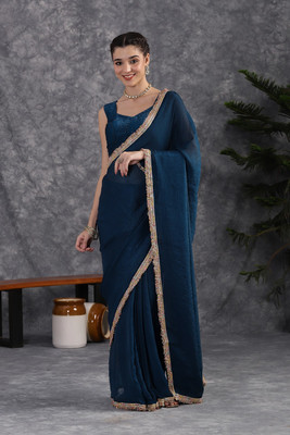 GEN Z TRENDS Embellished, Solid/Plain Bollywood Tissue Saree(Blue)