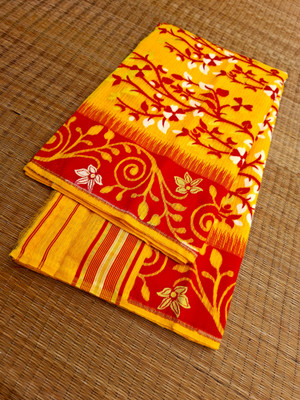 KhayaFashion Woven Jamdani Pure Cotton Saree(Yellow, Red)