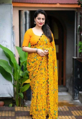 JMDF Printed Bollywood Georgette Saree(Yellow)
