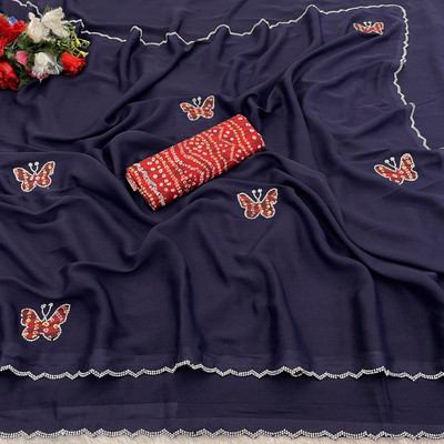 Ethina Fashion Embroidered Bollywood Georgette Saree(Dark Blue)