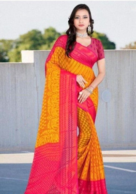 HouseOfCommon Printed Dokhona Cotton Blend Saree(Yellow, Pink)