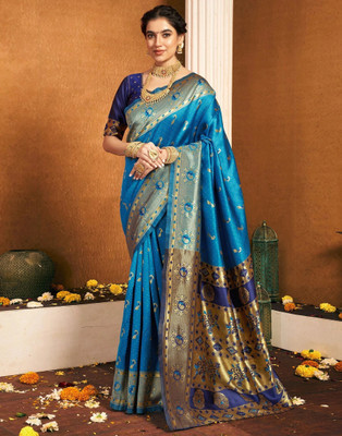 ETHNICHITZ Embellished, Woven Paithani Jacquard, Silk Blend Saree(Gold, Blue)