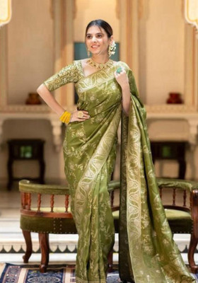 Neel Fashion Printed Banarasi Art Silk, Jacquard Saree(Green)