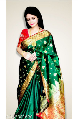 Banaras silk palace Embroidered, Woven Banarasi Silk Blend, Satin Saree(Green)