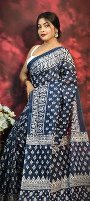 Sayak Creation Printed Chanderi Pure Cotton Saree(Dark Blue)