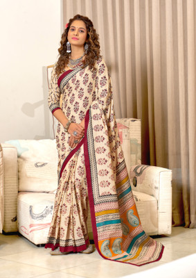 MODERRY Printed, Blocked Printed Daily Wear Pure Cotton Saree(Pack of 2, Cream, Maroon)