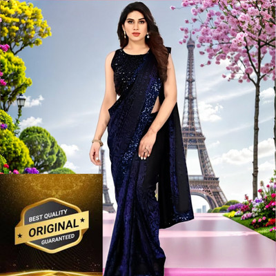 Online Bazaaar Embellished Bollywood Lycra Blend Saree(Dark Blue)