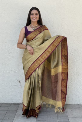 MM VENTURE Woven Banarasi Cotton Silk Saree(Beige)