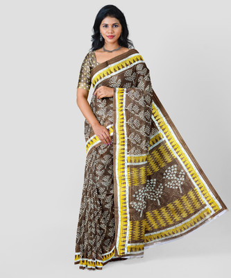 Ruhabs Printed Daily Wear Cotton Silk Saree(Brown)