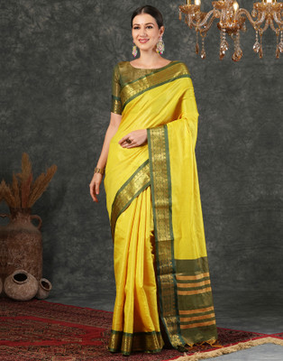 Samah Woven, Embellished Kanjivaram Silk Blend, Jacquard Saree(Yellow, Dark Green)