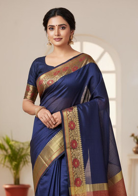 Anugrah Textile Embroidered Banarasi Lycra Blend, Chiffon Saree(Dark Blue)