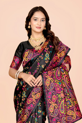 NEZAA EXPORT Woven Kanjivaram Pure Cotton Saree(Black)