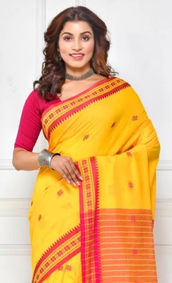 matri textile Woven Handloom Pure Cotton Saree(Yellow)