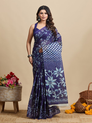 Jevi Prints Printed Hand Batik Pure Cotton Saree(Blue)