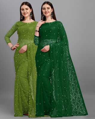 LOROFY Self Design Bollywood Net Saree(Pack of 2, Light Green, Dark Green)