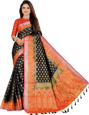 Shopwell Woven Banarasi Cotton Silk Saree(Black)