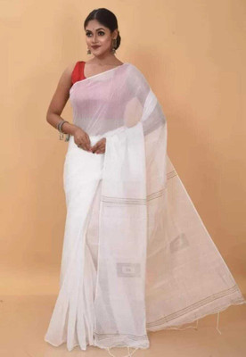 Ghosh handloom Self Design Tant Pure Cotton Saree(White)