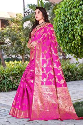 RIVETSTYLE Woven Bollywood Silk Blend, Jacquard Saree(Pink)