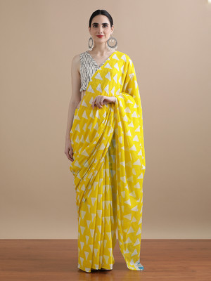 Jaipur Kurti Printed Daily Wear Pure Cotton Saree(Yellow)