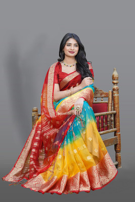 KOTHARI SST Solid/Plain Bandhani Organza Saree(Red)