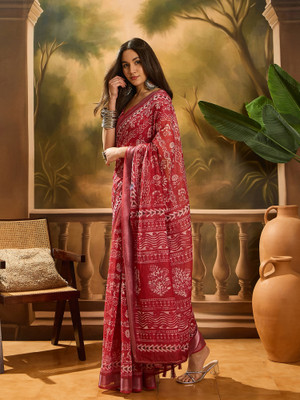 ShopGlobal Printed Banarasi Pure Cotton Saree(Red)