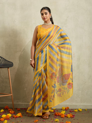 Rachna Striped Bollywood Cotton Blend Saree(Yellow)