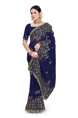 KRIJAL Embroidered Bollywood Georgette Saree(Dark Blue)