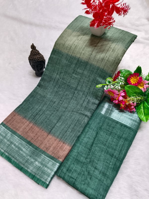 PRTRENDZ Printed Kanjivaram Cotton Linen, Linen Saree(Green)