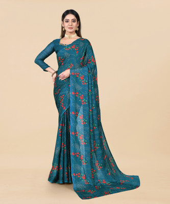 DIKONA DESIGNER Printed Pochampally Chiffon, Brasso Saree(Light Blue, Green)