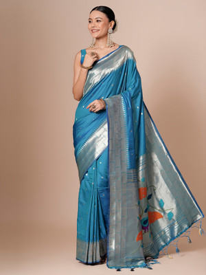 Sareemall Woven Paithani Silk Blend Saree(Blue)