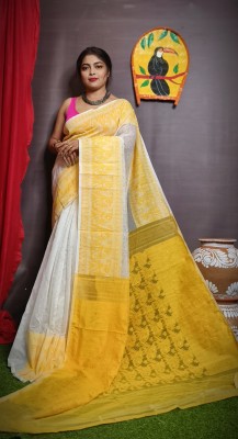 Saree Kutir Maayer Aashirwad Printed Jamdani Cotton Silk Saree(Yellow)