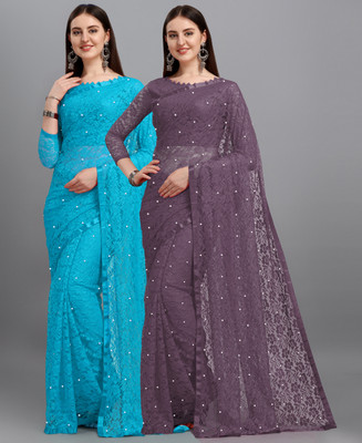 LOROFY Self Design Bollywood Net Saree(Pack of 2, Multicolor)