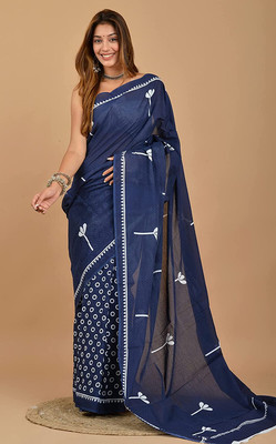 Shiv Shakti Emorium Printed Daily Wear Pure Cotton Saree(Dark Blue)