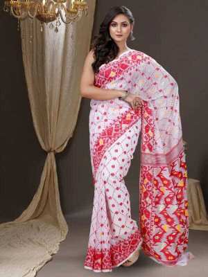 S G SAREES Woven, Geometric Print Handloom Handloom Cotton Silk Saree(White)