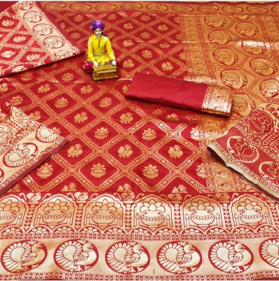 Shoppershopee Woven Banarasi Jacquard, Pure Silk Saree(Red)