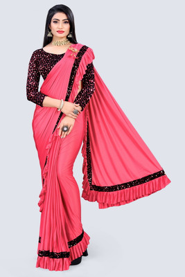 MANUSHITREND Embellished, Solid/Plain Daily Wear Lycra Blend Saree(Pink)