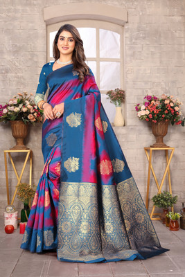 SIDDHESHWAR Self Design Assam Silk Lycra Blend Saree(Blue)