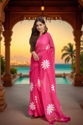 Myraani Floral Print Daily Wear Cotton Linen Saree(Pink)