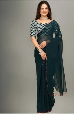 shivika creation Solid/Plain Bollywood Georgette Saree(Dark Blue)