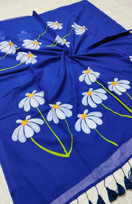 RASIFASHION Floral Print Banarasi Linen Saree(Dark Blue)