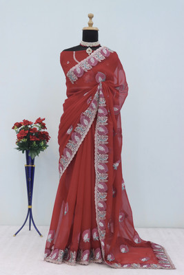 Radheradhey Embroidered Bollywood Silk Blend Saree(Red)