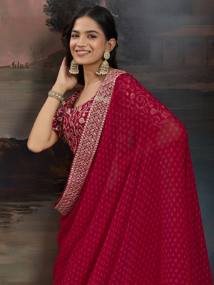 Sareemall Printed, Embroidered Bandhani Georgette Saree(Maroon)