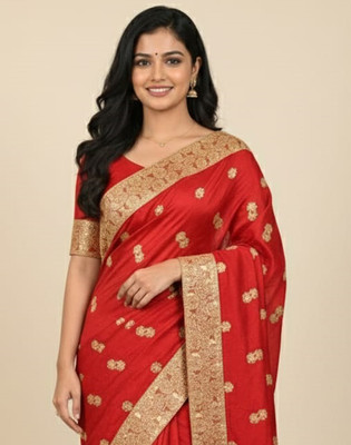 Anugrah Textile Embroidered Banarasi Lycra Blend, Chiffon Saree(Red)