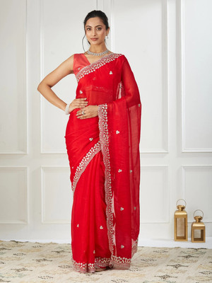 Tasrika Embroidered Bollywood Chiffon, Silk Blend Saree(Red)