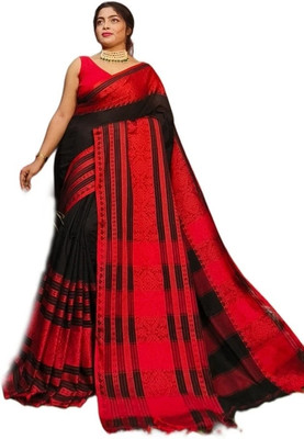 HouseOfCommon Floral Print Jamdani Cotton Silk Saree(Red, Black)