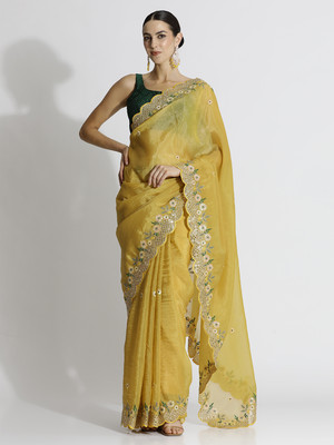 Jaipur Kurti Embroidered Bollywood Art Silk Saree(Yellow)