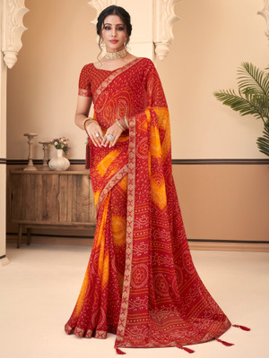 Divastri Printed Bandhani Chiffon Saree(Red)