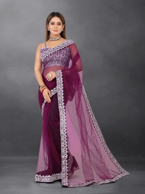 Barkiya Creation Embroidered Bollywood Net Saree(Purple)